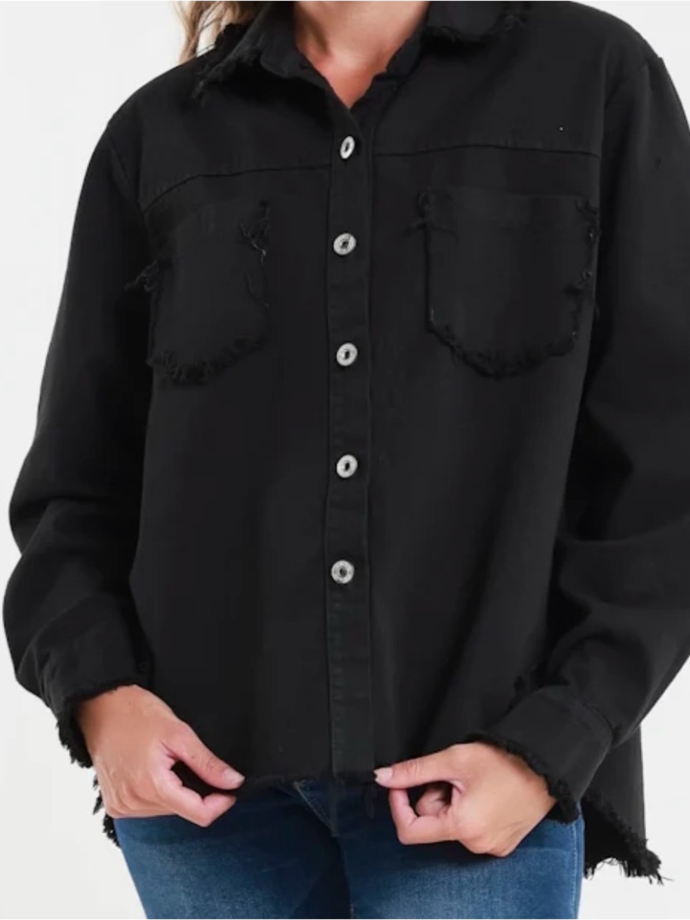 Relaxed Black Frayed Button-Down Shirt